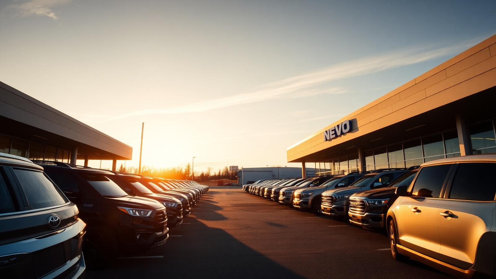 CarVibes Auto Sales lot in Saskatoon at sunset with rows of trucks and SUVs